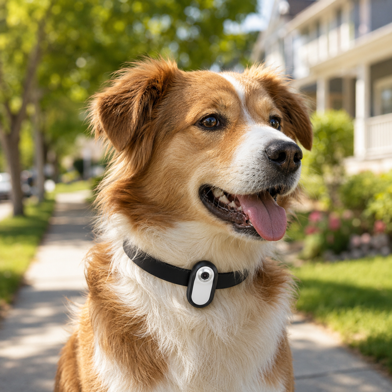 Dog wearing a 1080p pet collar camera during a sunny walk
